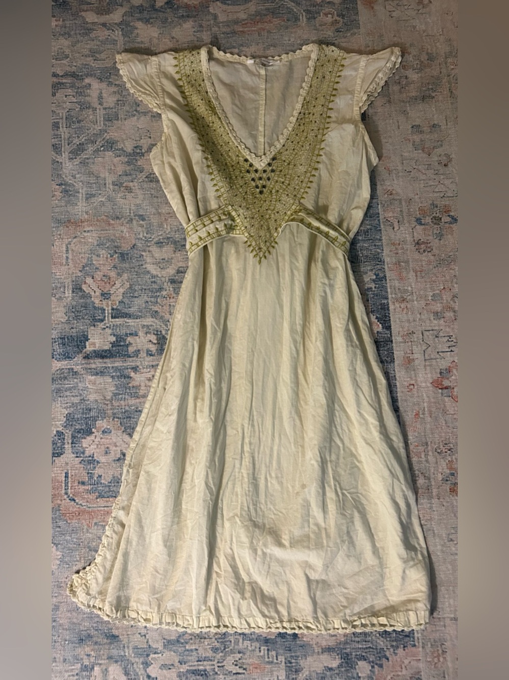 Cream Embroidered V-Neck Women's Dress